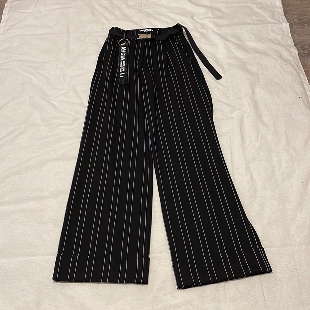 NWOT I.AM.GIA Black Striped Dress Pants with Belt size XS